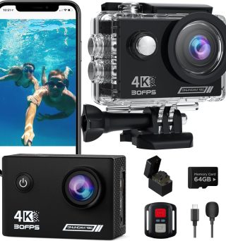 Action Camera 4K30fps with 64G SD Card,HD Waterproof Camera 131ft Underwater Cameras 20MP Pre-Recording WiFi Camera 170° Remote Control Sports Cameras with 2 Batteries Helmet Mount Accessories Kits