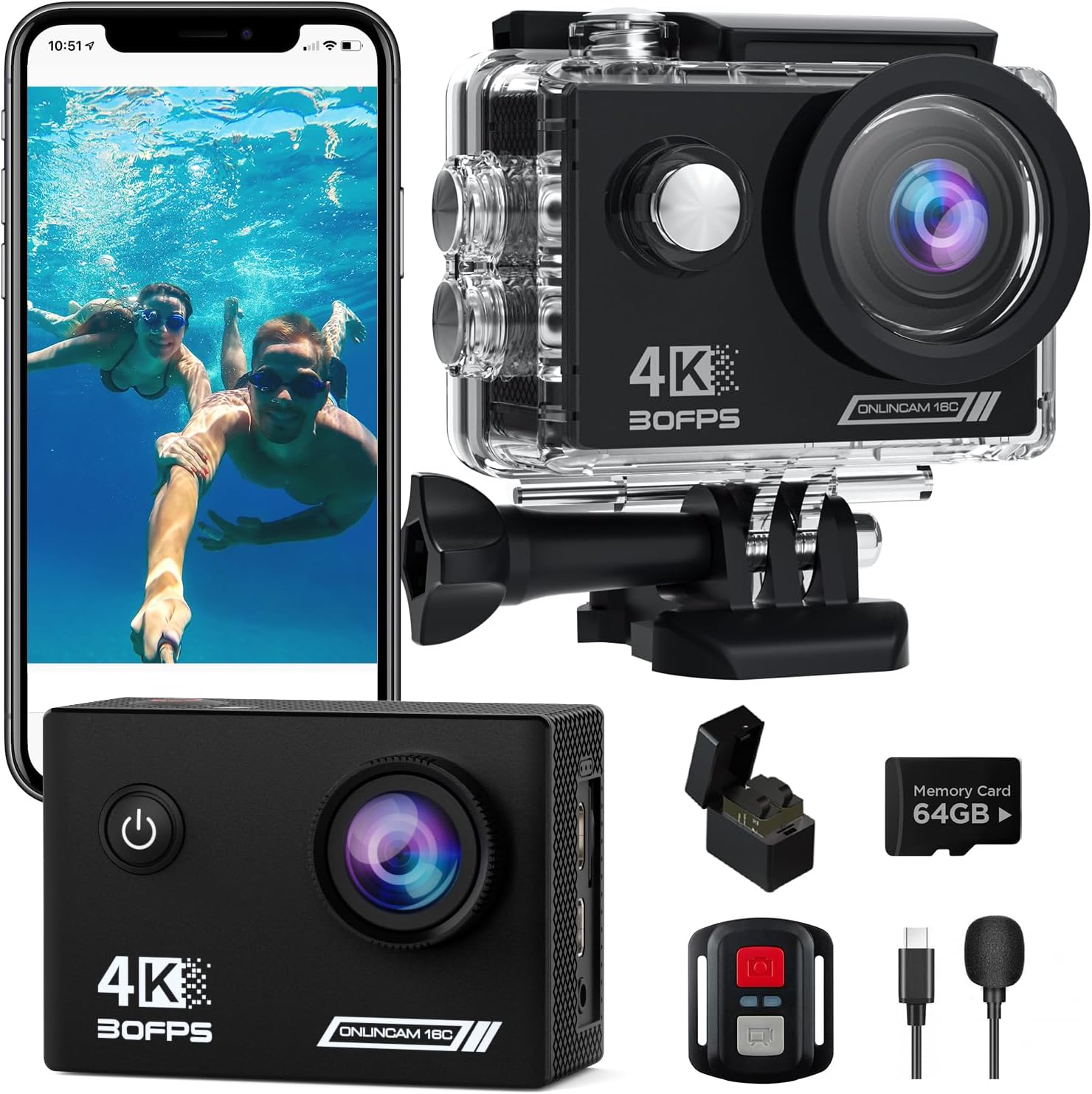 Action Camera 4K30fps with 64G SD Card,HD Waterproof Camera 131ft Underwater Cameras 20MP Pre-Recording WiFi Camera 170° Remote Control Sports Cameras with 2 Batteries Helmet Mount Accessories Kits
