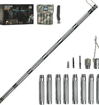 Hiking Tactical Stick Walking Staff - Outdoor Multitool Gear Trekking Pole Collapsible Retractable Premium 15 in 1 | 8 Tubes