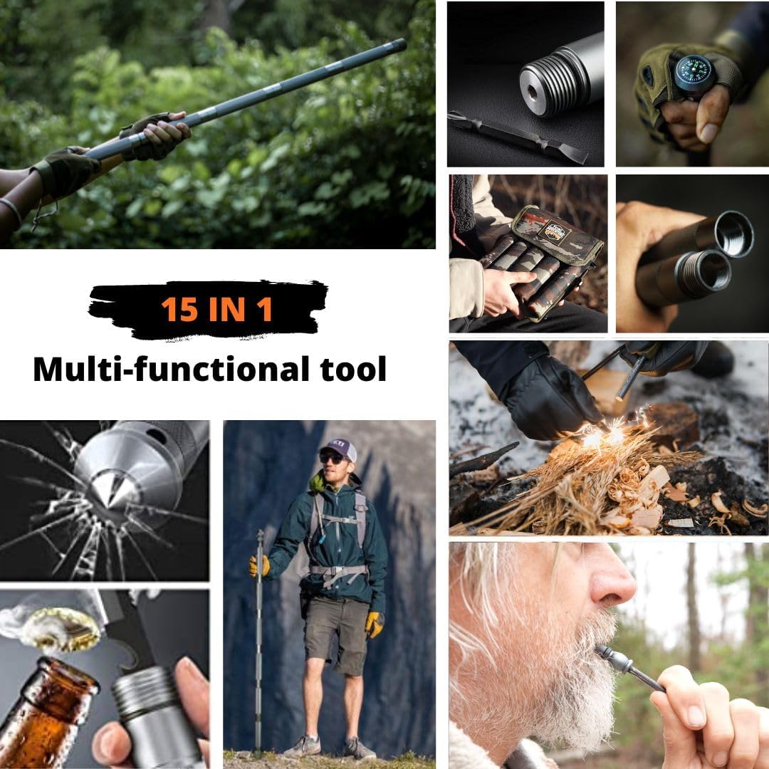 Hiking Tactical Stick Walking Staff - Outdoor Multitool Gear Trekking Pole Collapsible Retractable Premium 15 in 1 | 8 Tubes - Image 3